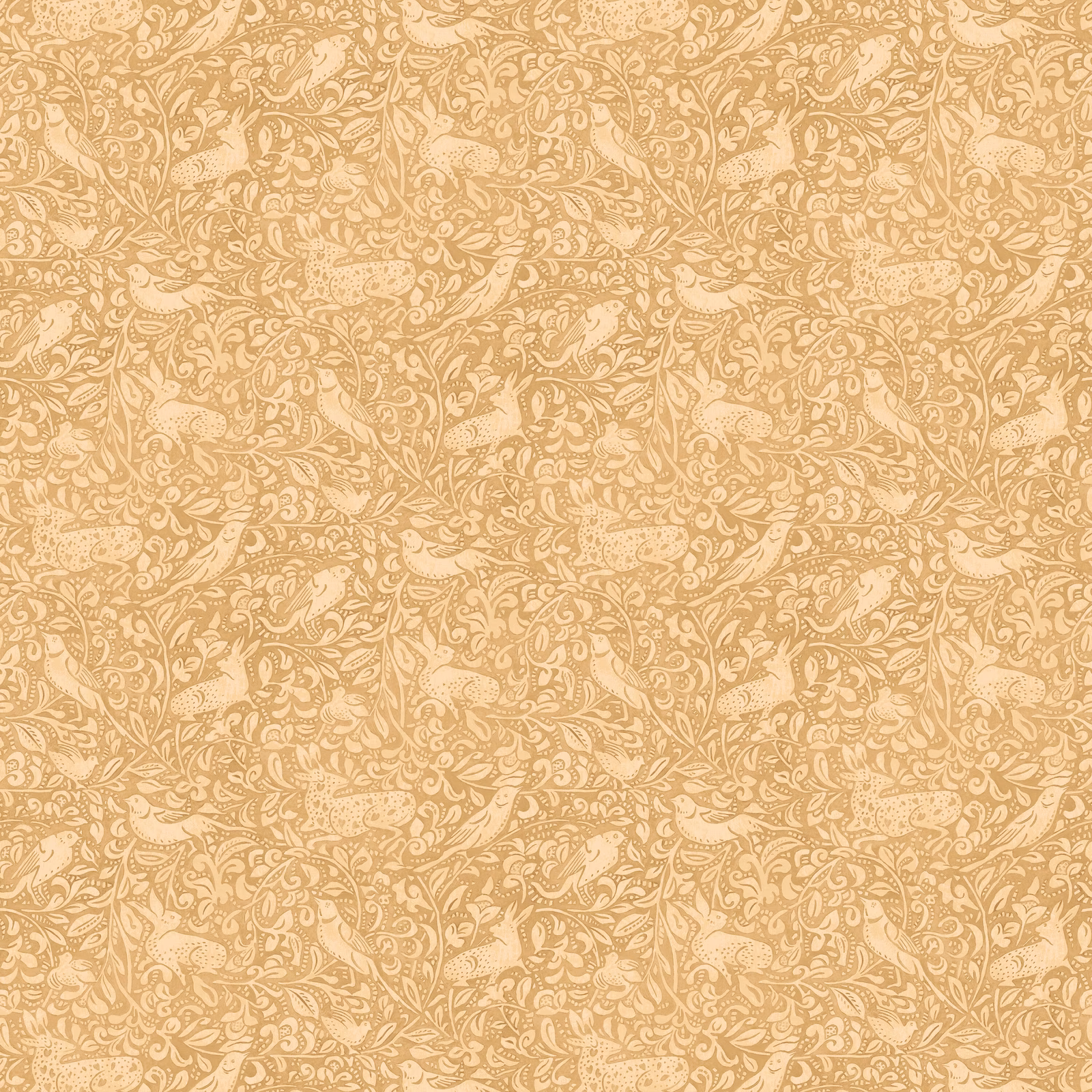 Warm parchment wallpaper with dense biscuit-gold scrolling leaves and floral curls