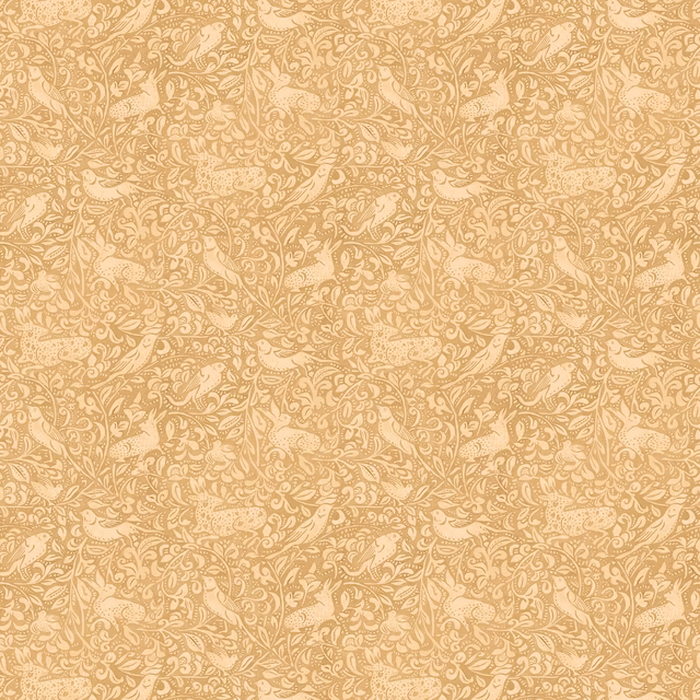 Warm parchment wallpaper with dense biscuit-gold scrolling leaves and floral curls