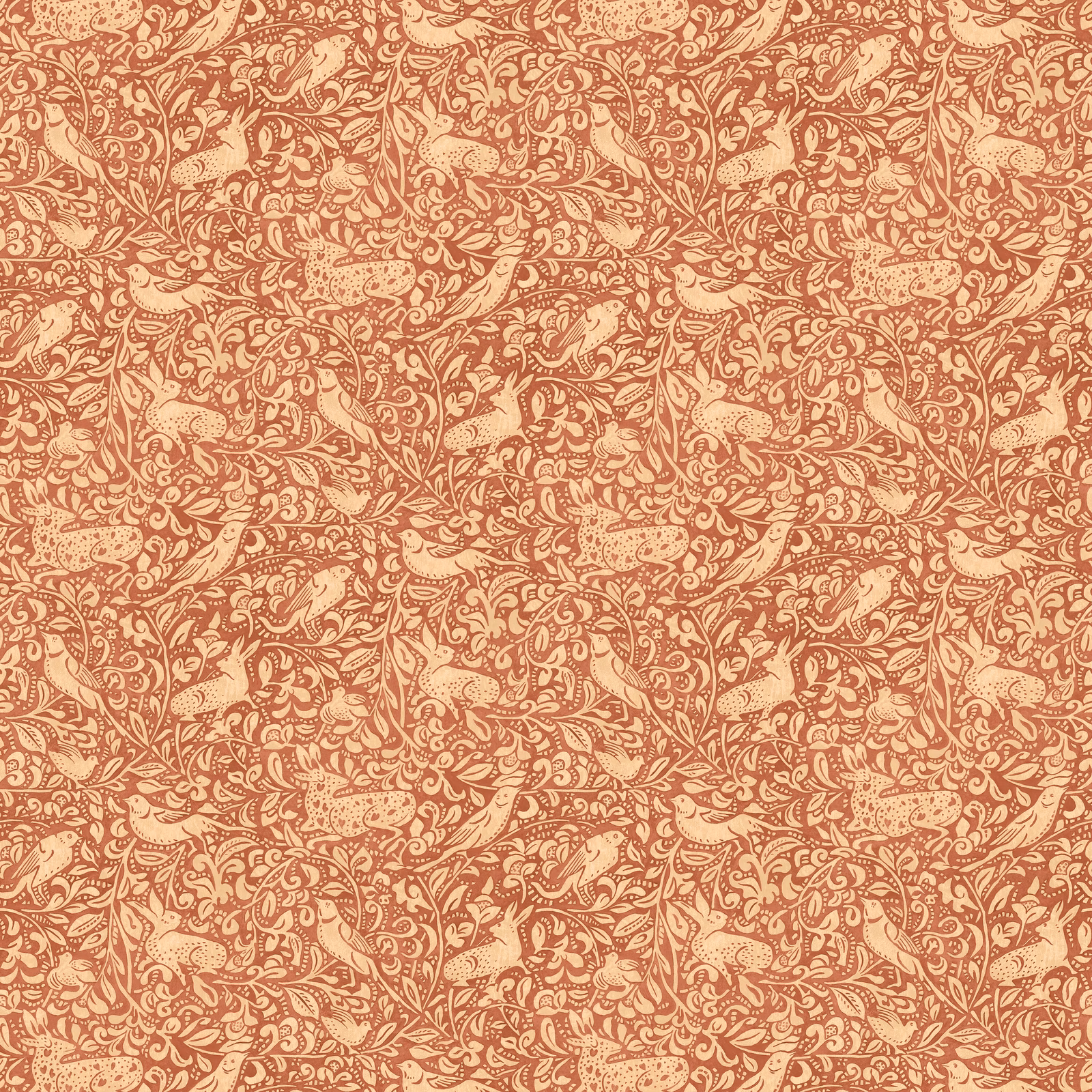 Russet and cream wallpaper with dense scrolling paisley foliage and botanical motifs