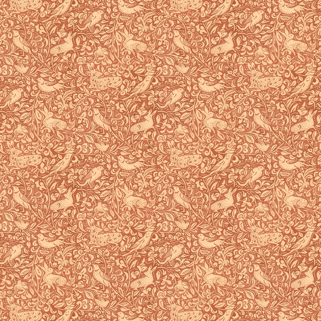 Russet and cream wallpaper with dense scrolling paisley foliage and botanical motifs