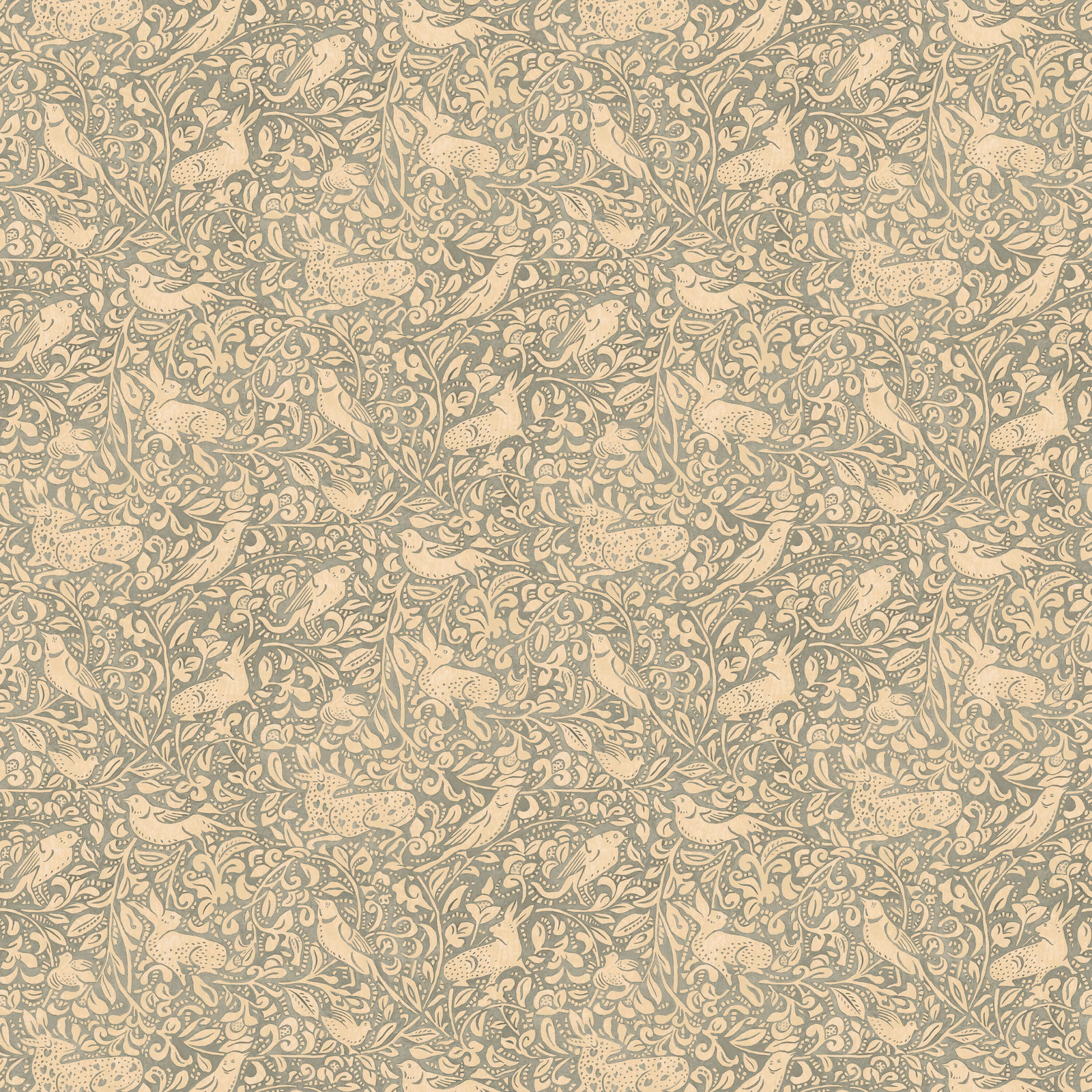 Muted soft teal paisley foliage over a warm cream ground in a dense repeating print