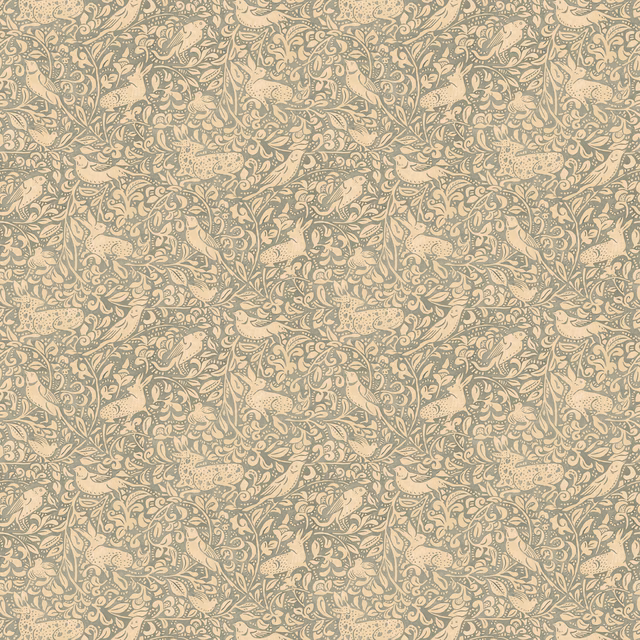 Muted soft teal paisley foliage over a warm cream ground in a dense repeating print