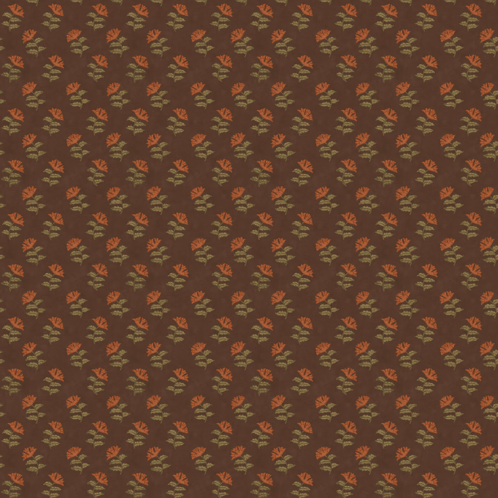 Espresso-brown wallpaper with repeating rust and olive botanical sprigs