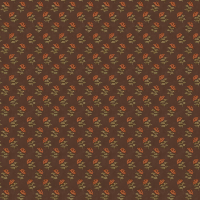Espresso-brown wallpaper with repeating rust and olive botanical sprigs
