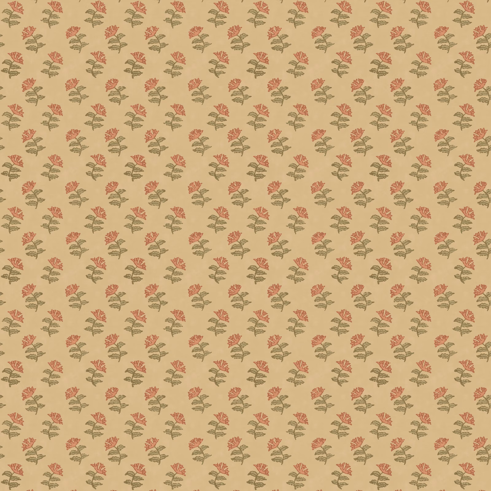 Warm beige wallpaper with small moss-green and muted mulberry botanical sprigs