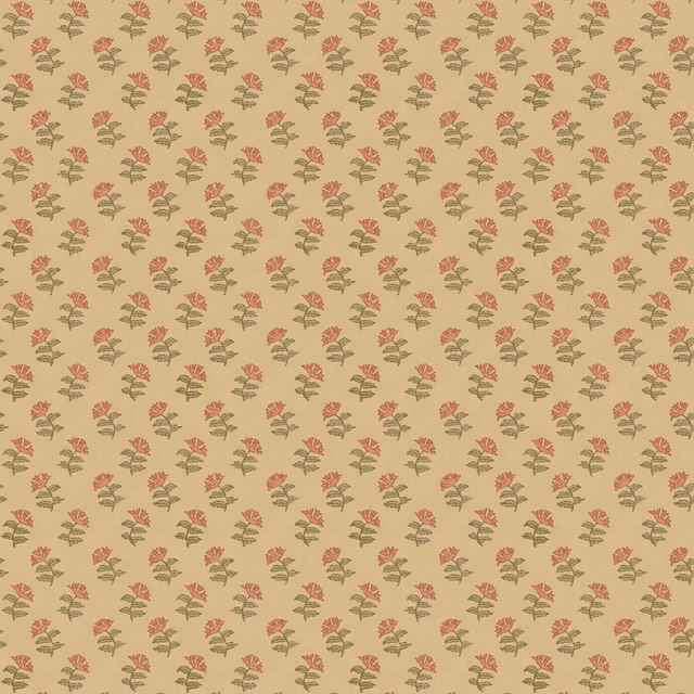 Warm beige wallpaper with small moss-green and muted mulberry botanical sprigs