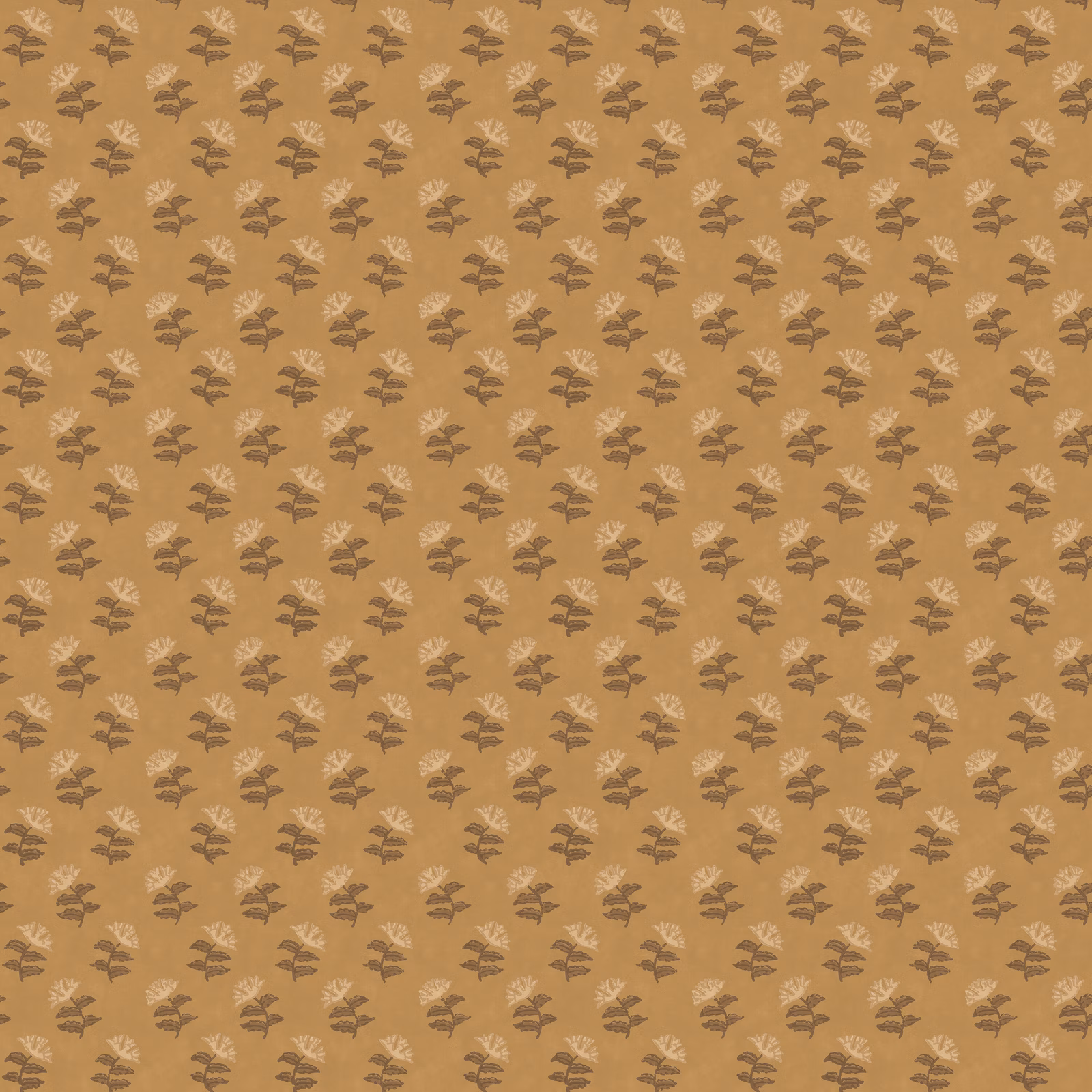 Warm ochre wallpaper with repeating small taupe-brown botanical sprigs