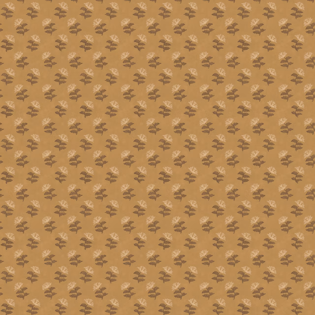 Warm ochre wallpaper with repeating small taupe-brown botanical sprigs