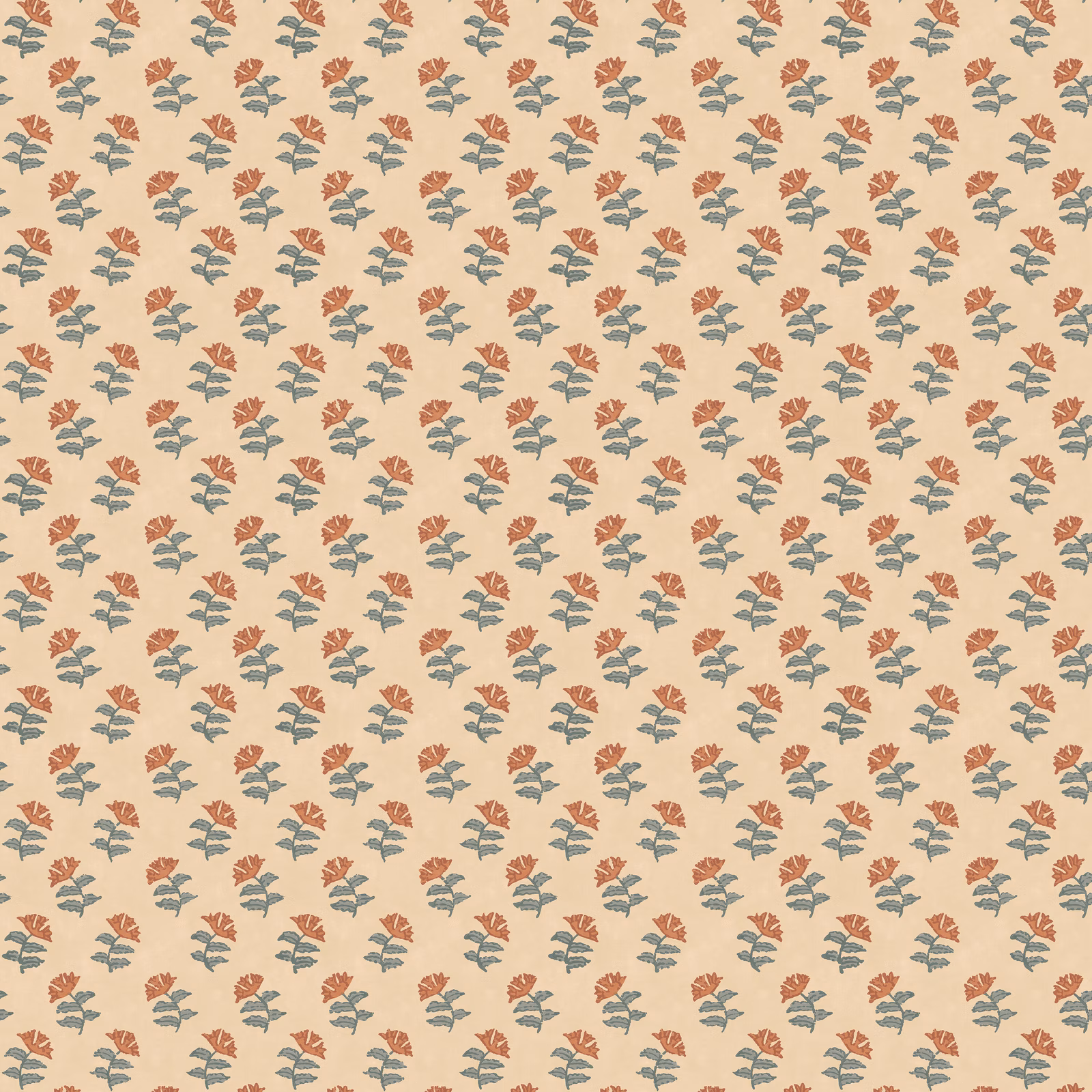 Cream wallpaper with small muted teal leaves and coral floral sprigs
