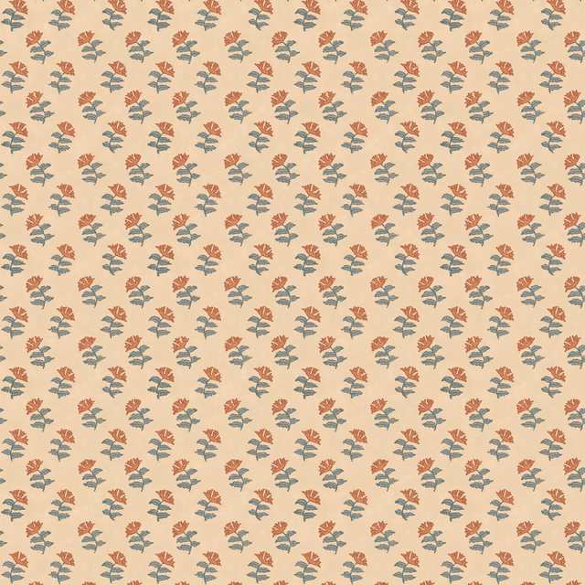 Cream wallpaper with small muted teal leaves and coral floral sprigs