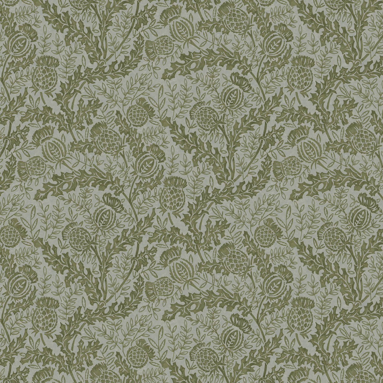 Sage-green thistles and curling foliage over a muted teal-grey botanical ground