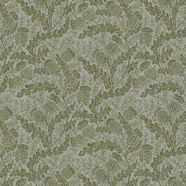 Sage-green thistles and curling foliage over a muted teal-grey botanical ground