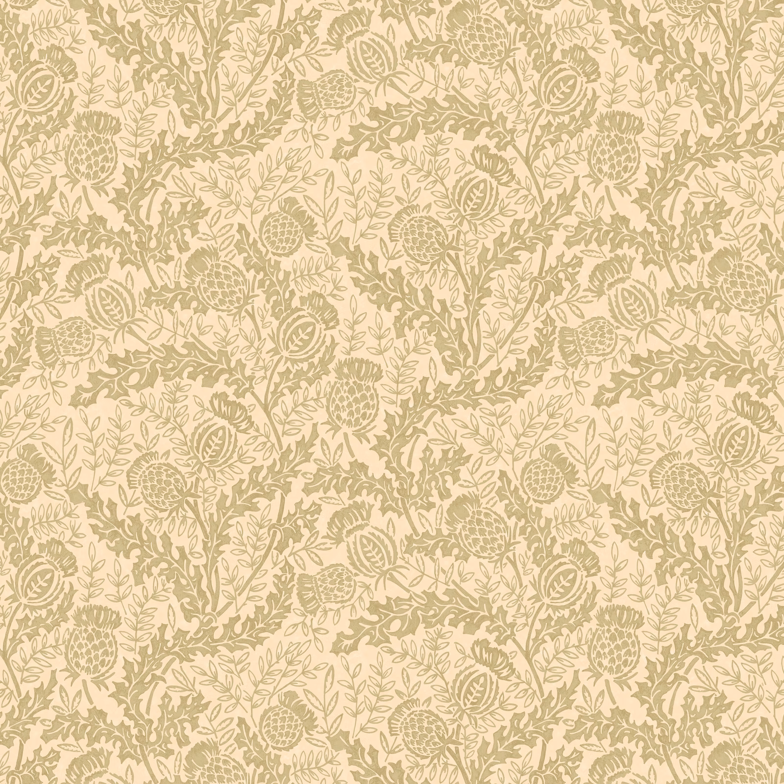 Cream wallpaper with dense muted lovat thistles, leaves and curling stems