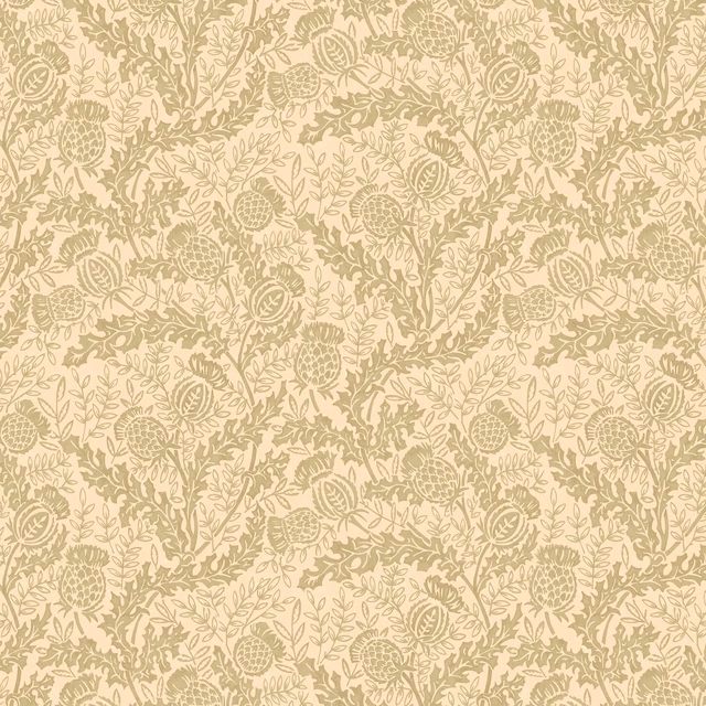 Cream wallpaper with dense muted lovat thistles, leaves and curling stems