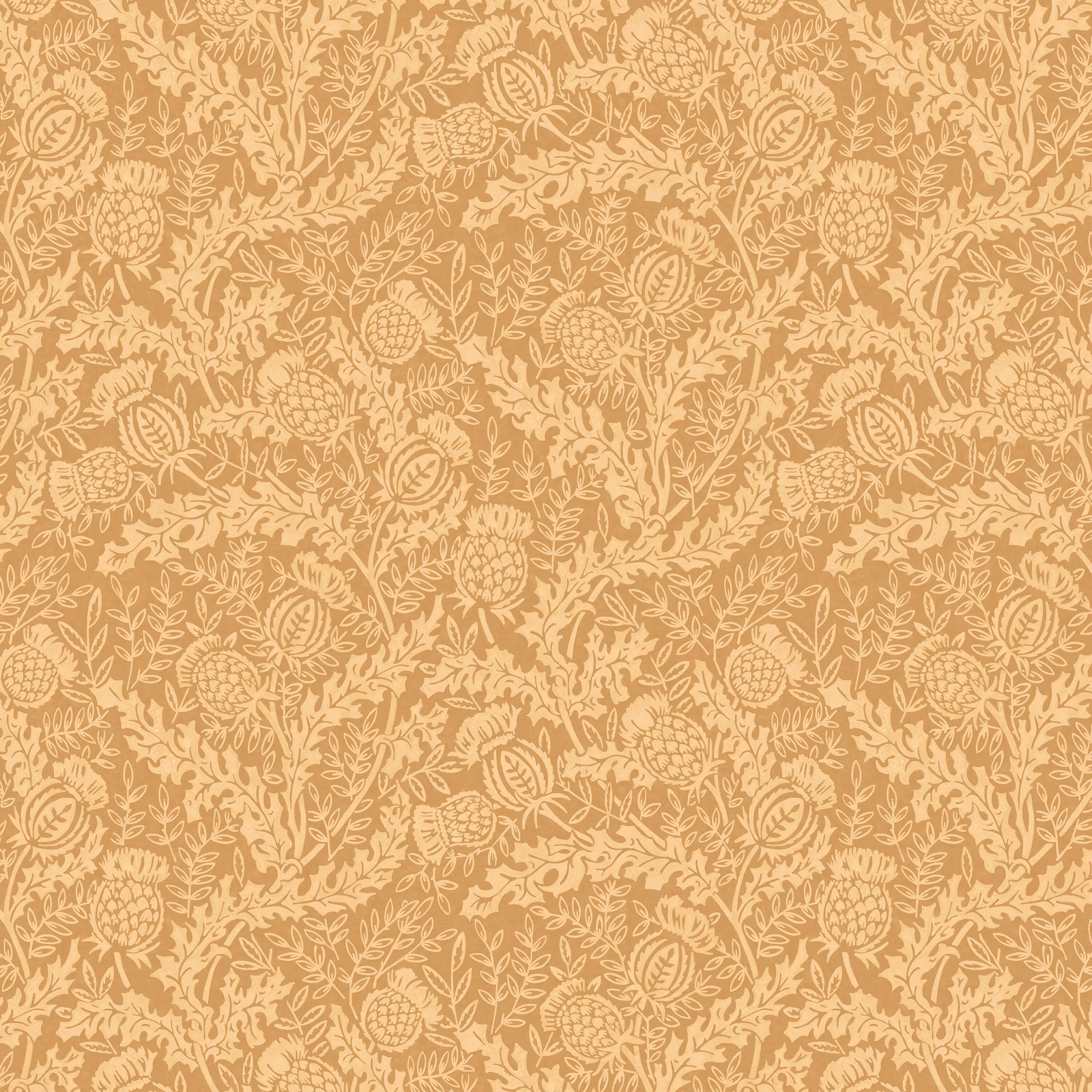 Warm ochre wallpaper with dense cream thistles, seed heads and curling foliage