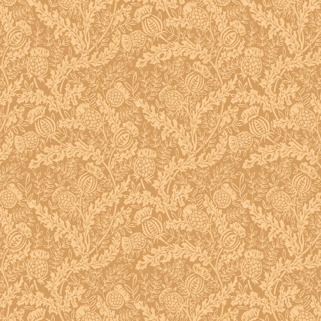 Warm ochre wallpaper with dense cream thistles, seed heads and curling foliage