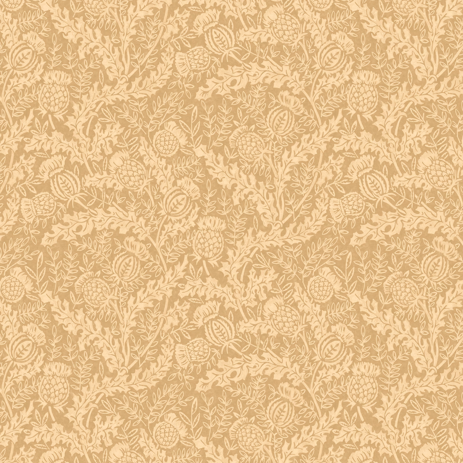 Warm parchment-beige wallpaper with dense cream thistles, seed heads and winding foliage