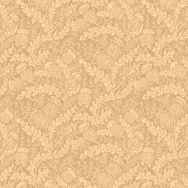 Warm parchment-beige wallpaper with dense cream thistles, seed heads and winding foliage