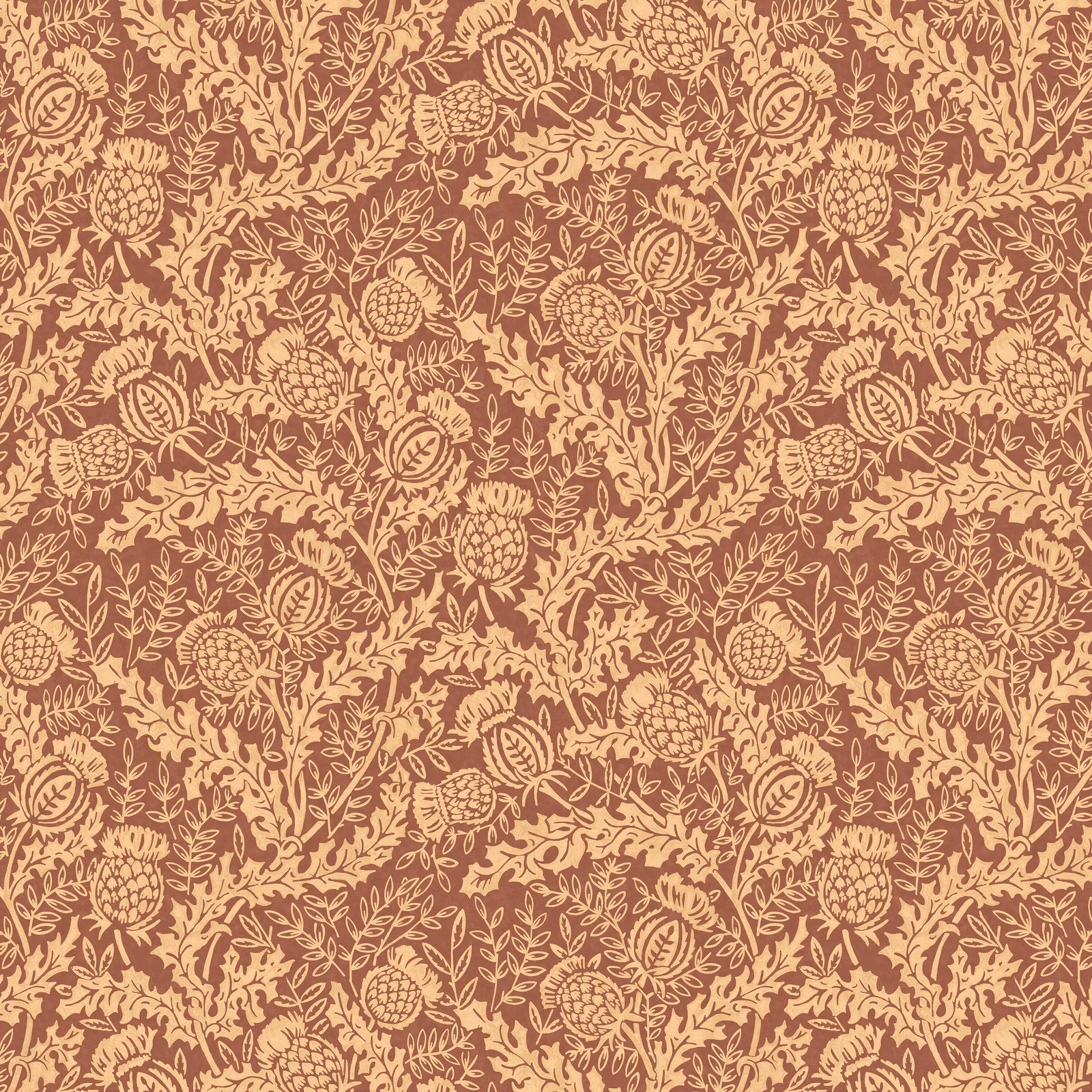 Dense plum wallpaper with warm tan thistles, curling vines and leafy sprigs