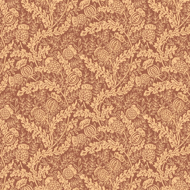 Dense plum wallpaper with warm tan thistles, curling vines and leafy sprigs