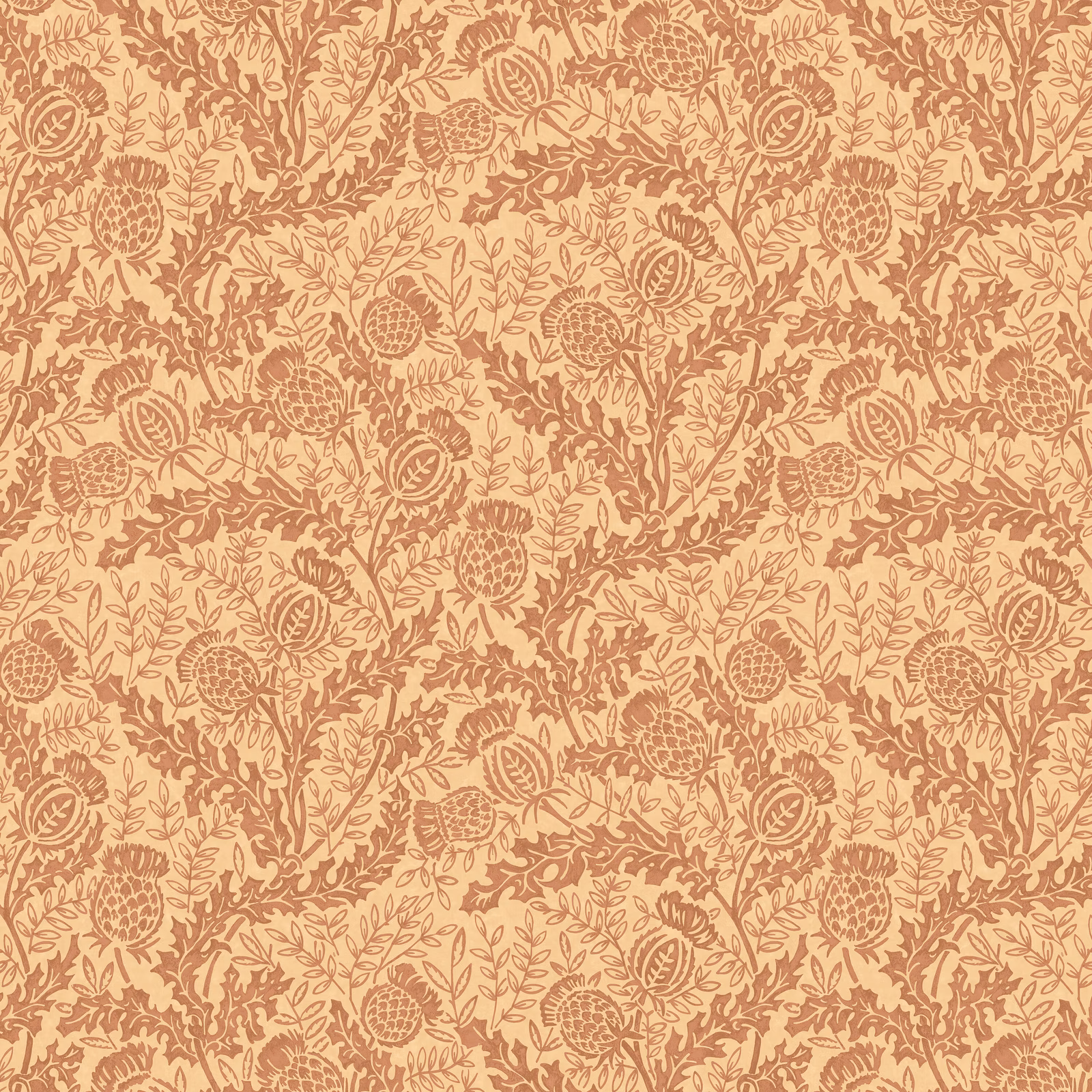 Warm peach wallpaper with russet thistles, curling stems and densely drawn leaves