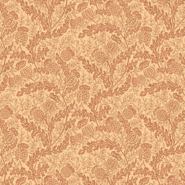 Warm peach wallpaper with russet thistles, curling stems and densely drawn leaves