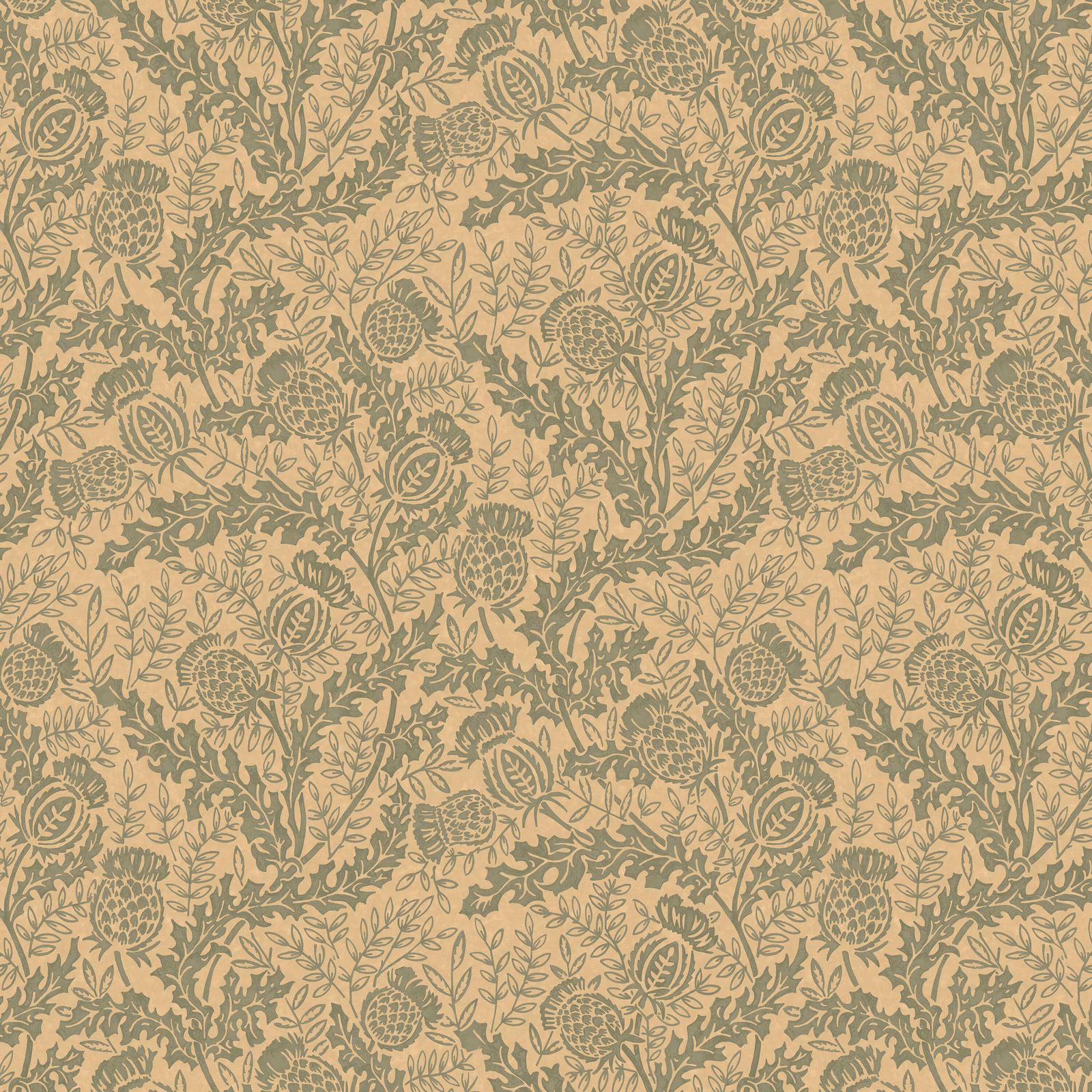 Muted teal thistle and leafy stem print across a warm beige wallpaper ground