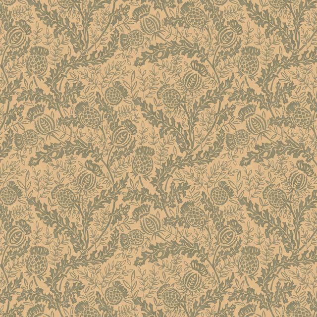 Muted teal thistle and leafy stem print across a warm beige wallpaper ground