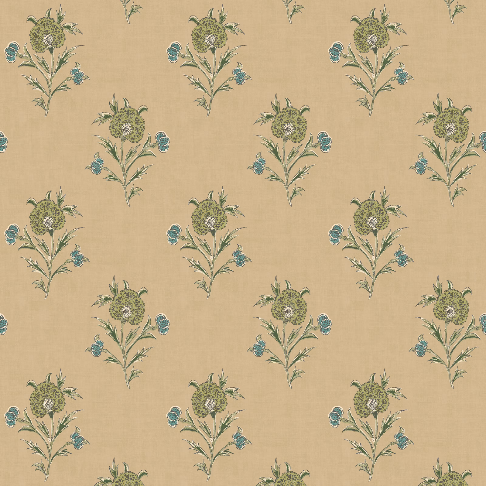 Warm beige wallpaper with repeated olive-green flowers and muted teal sprigs