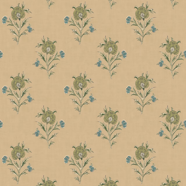 Warm beige wallpaper with repeated olive-green flowers and muted teal sprigs