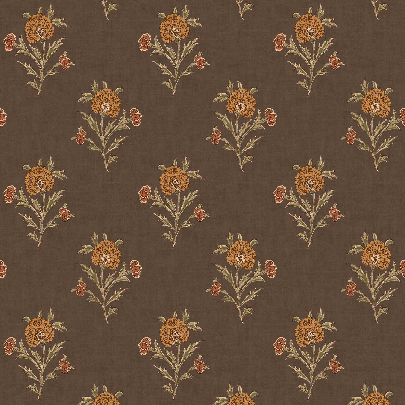 Espresso-brown wallpaper with ochre flower sprays, russet blooms and olive foliage