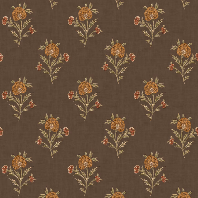 Espresso-brown wallpaper with ochre flower sprays, russet blooms and olive foliage