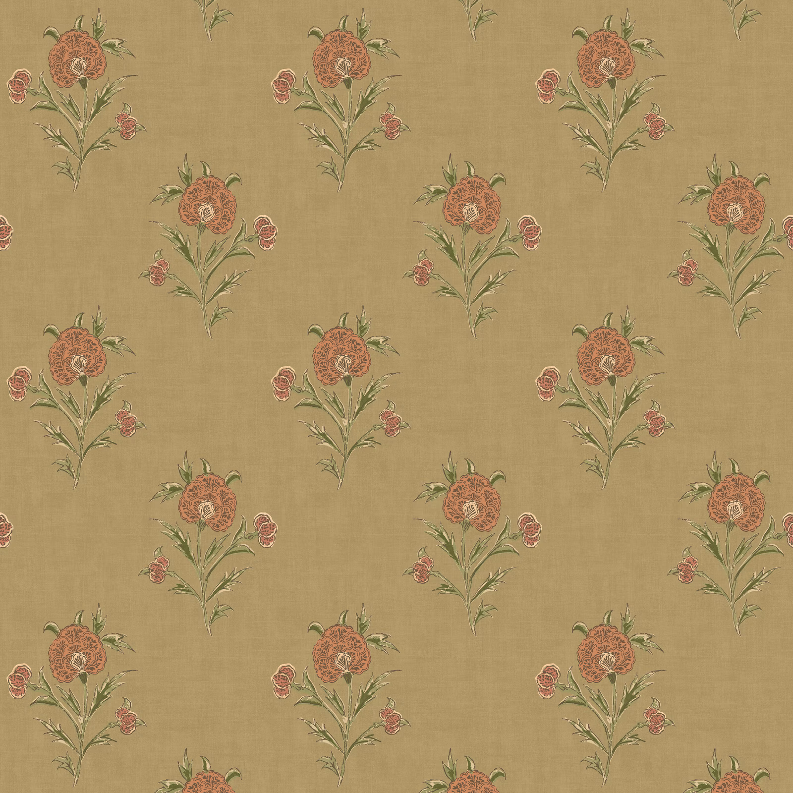 Muted moss wallpaper with rust floral sprays and fine sage-green stems