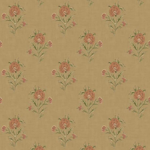 Muted moss wallpaper with rust floral sprays and fine sage-green stems