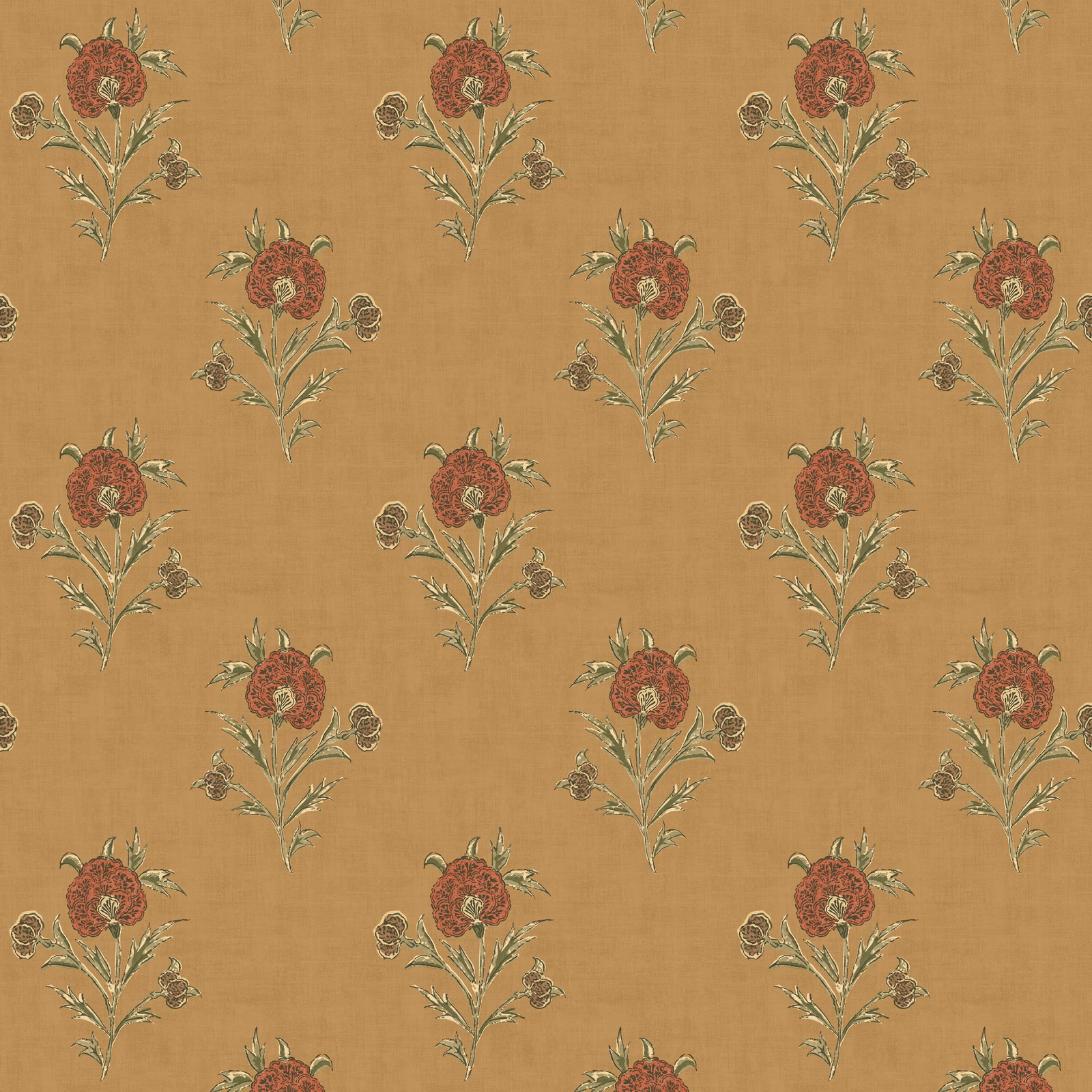 Warm ochre wallpaper with repeating rust flowers, olive leaves and fine linear grain
