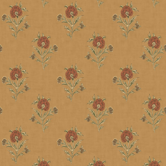Warm ochre wallpaper with repeating rust flowers, olive leaves and fine linear grain