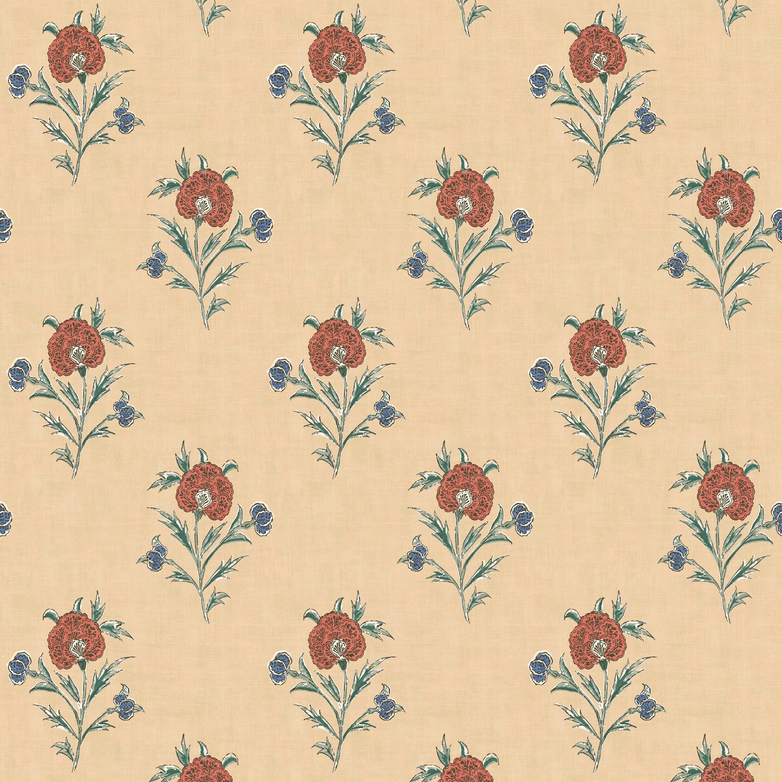 Warm beige wallpaper with red blooms, blue flowers and green botanical stems