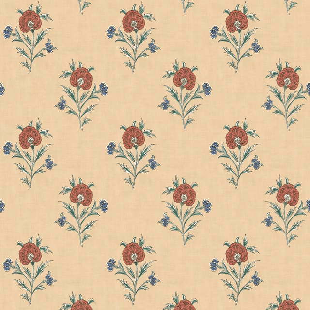 Warm beige wallpaper with red blooms, blue flowers and green botanical stems