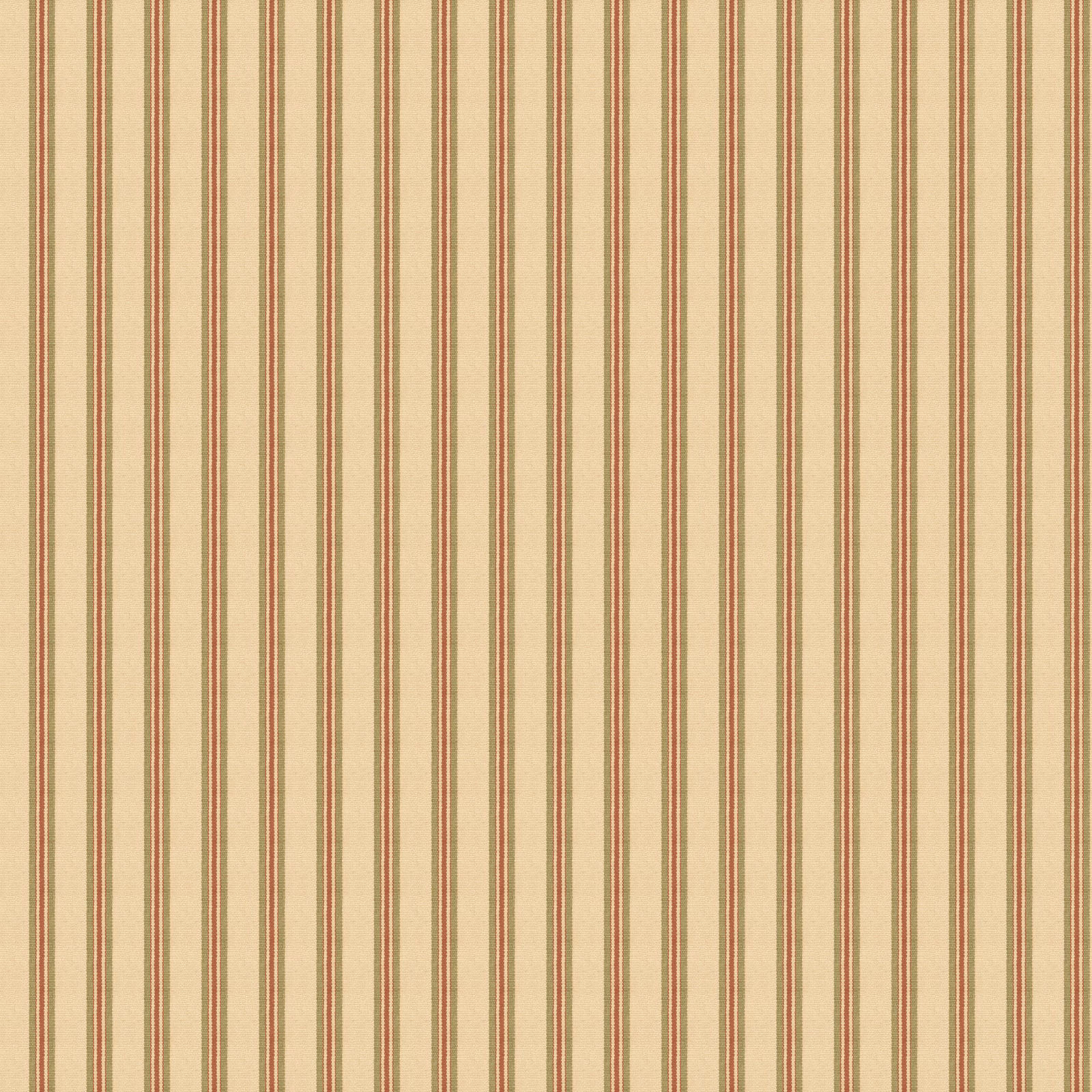 Moss green, terracotta and cream narrow vertical stripes on a warm beige ground