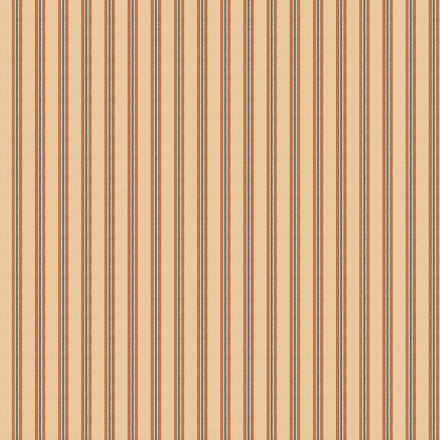 Warm terracotta, cream and muted blue-grey narrow vertical stripes on wallpaper
