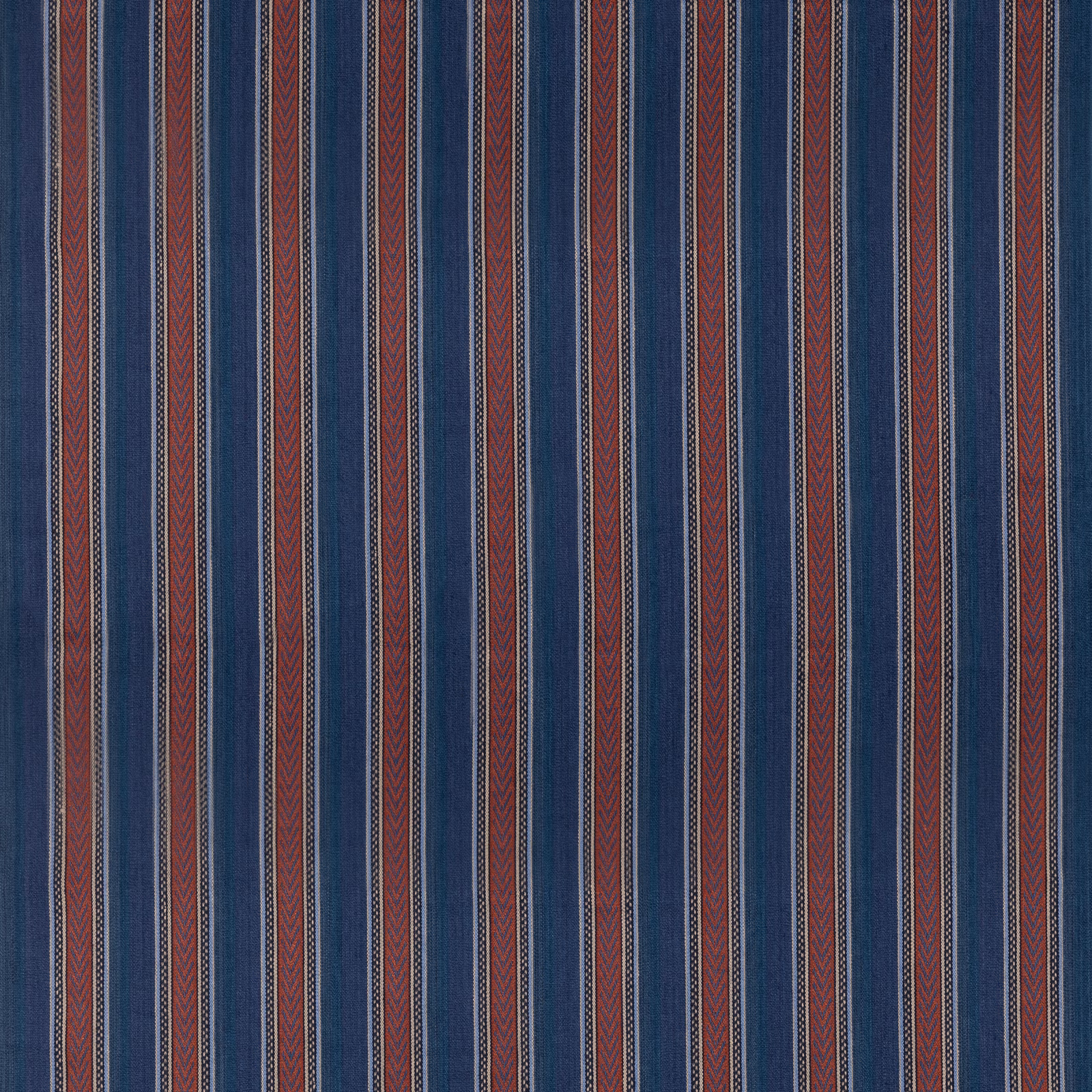 Indigo and red vertical stripe with fine cream accents and a dry woven texture