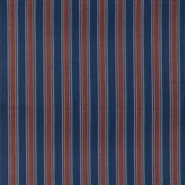 Indigo and red vertical stripe with fine cream accents and a dry woven texture