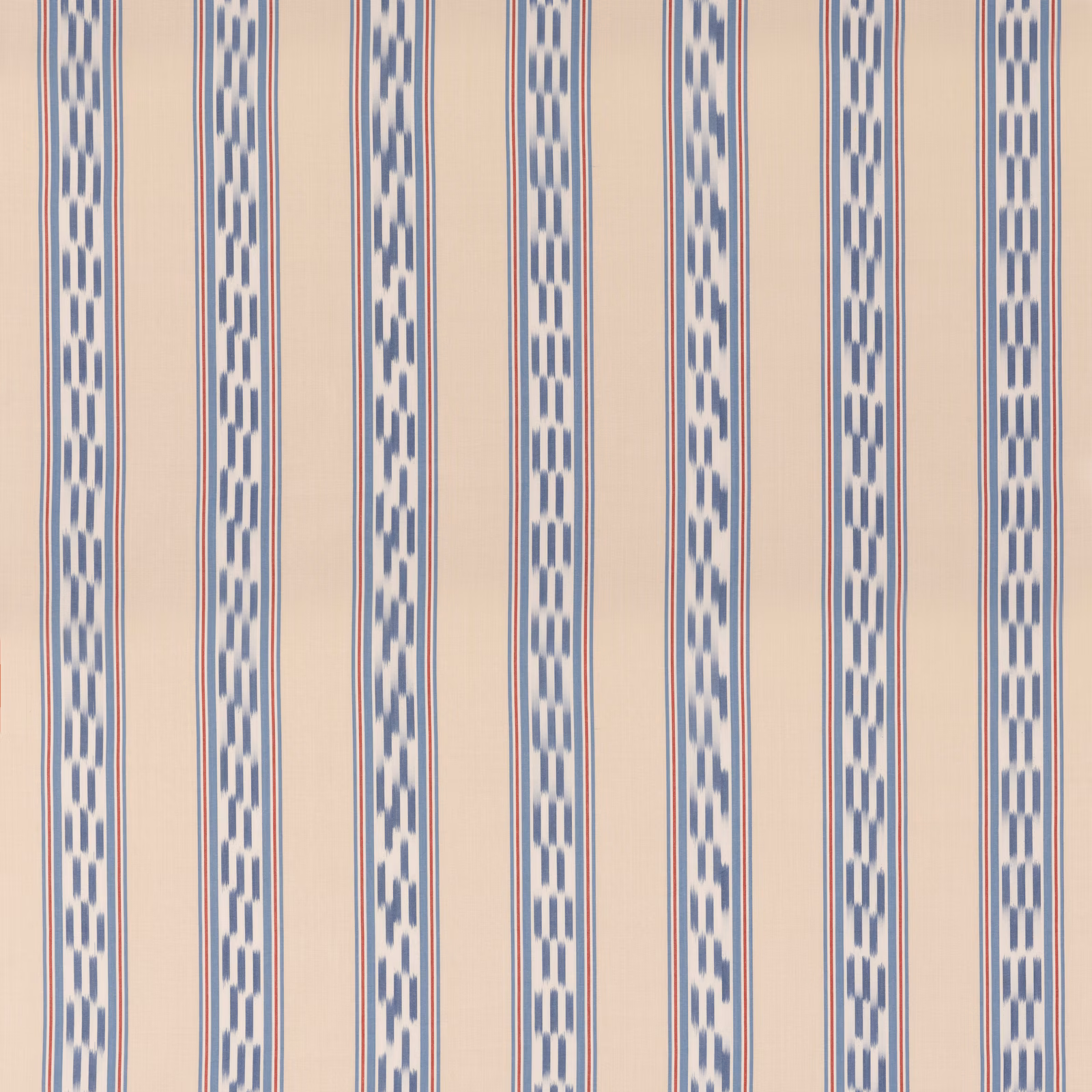 Cream cotton stripe with blue geometric chain bands and fine red lines