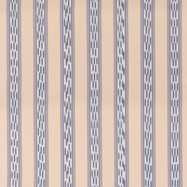 Cream cotton stripe with blue geometric chain bands and fine red lines
