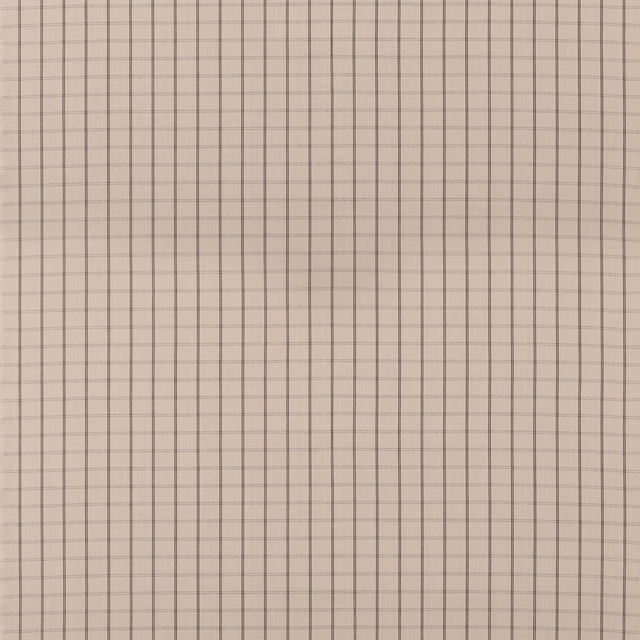 Stone beige cotton fabric with fine taupe-grey checked lines and subtle woven texture