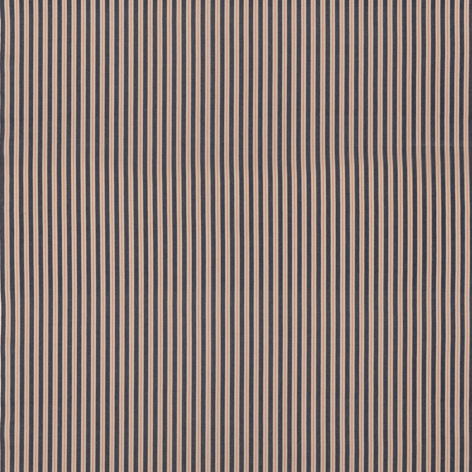 Fine vertical indigo and warm taupe stripes on a textured cotton ground