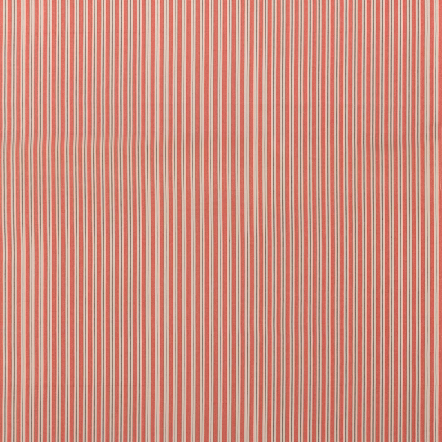 Warm brick-red cotton with fine cream vertical stripes and a tactile woven surface