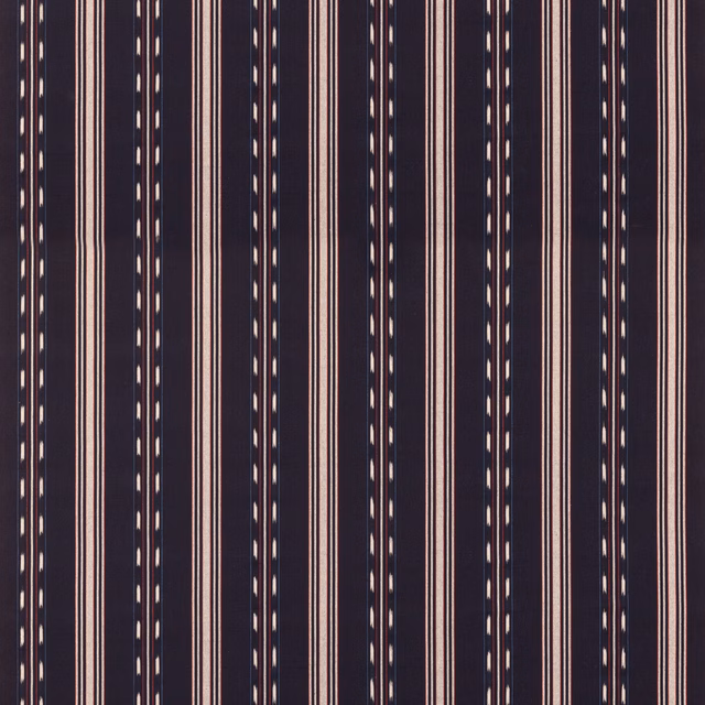 Dark indigo cotton stripe with cream pin lines, red accents and dotted vertical details