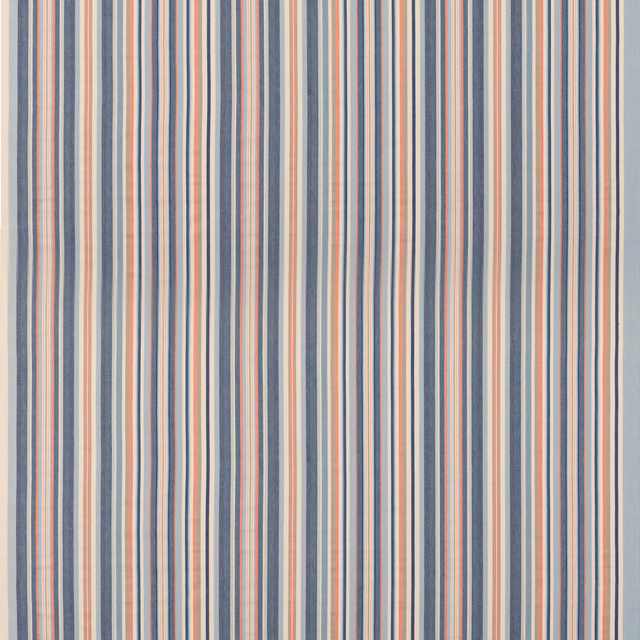 Close view of fine vertical blue and rust stripes on a cream cotton ground