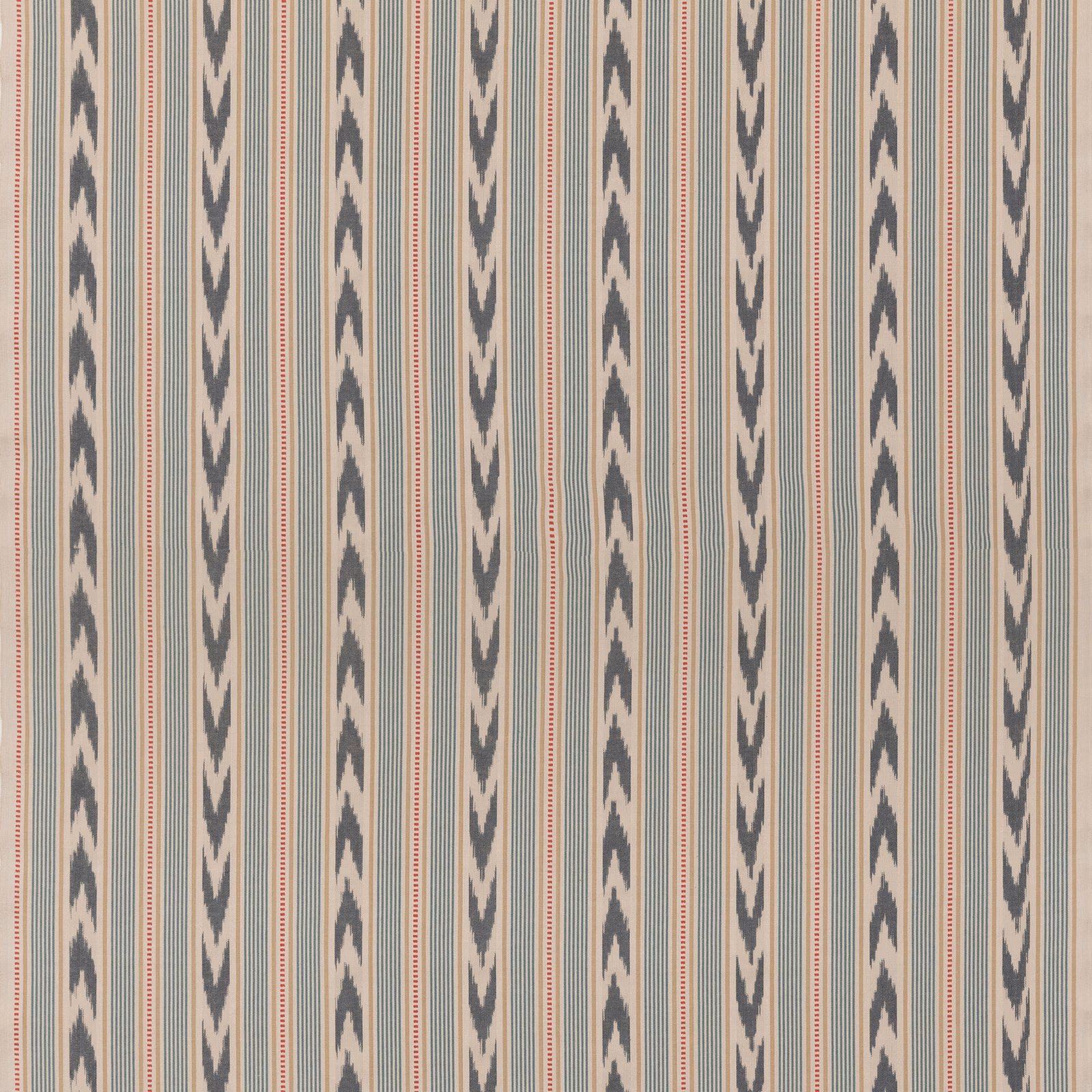 Ivory cotton stripe with blue-grey arrow motifs and fine red pinstripes